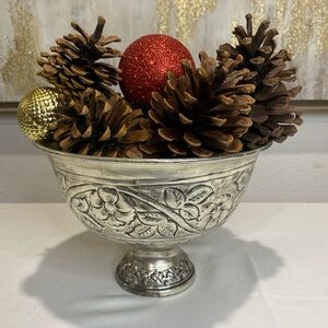 Elegant Silver Metal Holiday Bowl with Pinecones and Ornaments